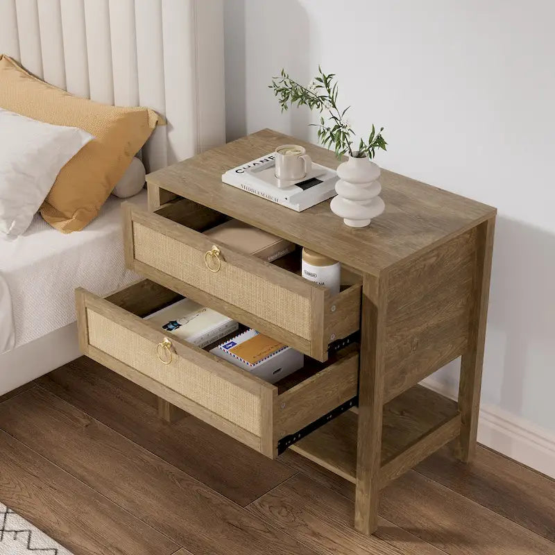 Comodino in trama di rattan dallo stile bohémien con cassetti e ripiano aperto