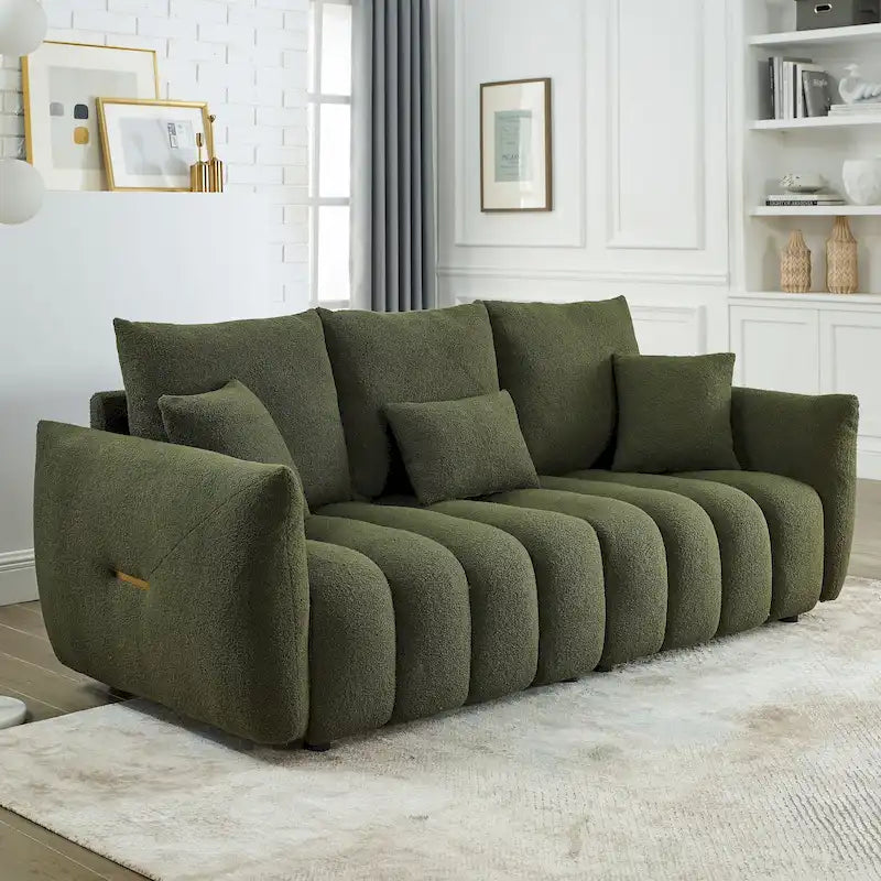 Teddy-Samtsofa für 3 Personen mit Rückenkissen und Gestell aus Massivholz