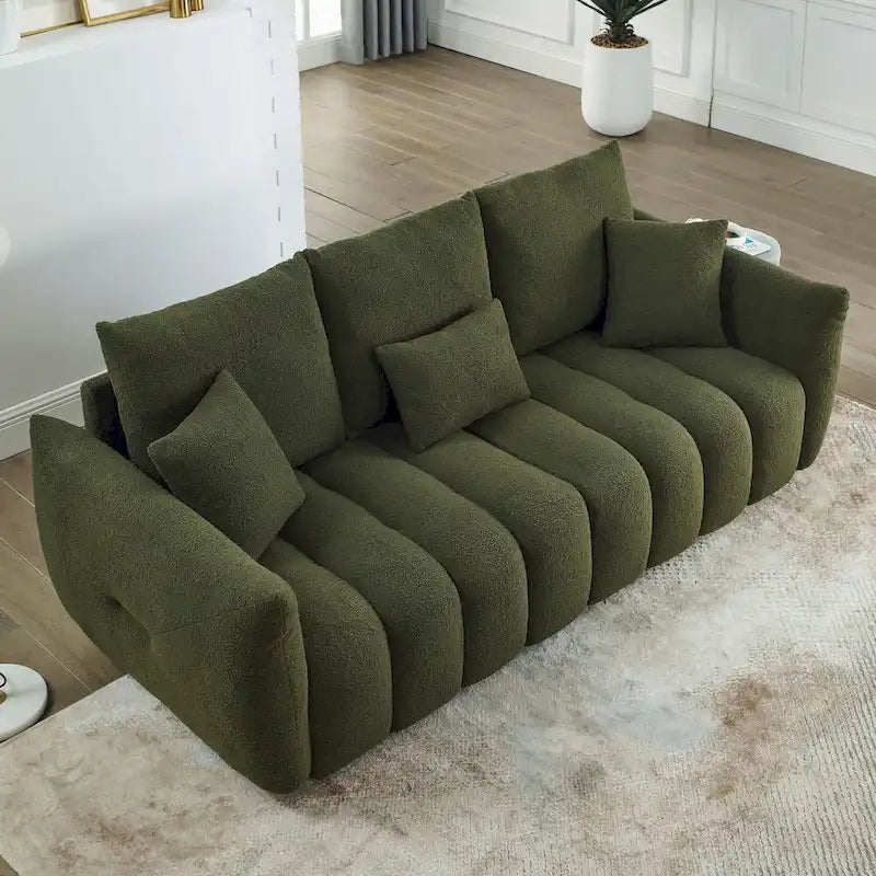 Teddy-Samtsofa für 3 Personen mit Rückenkissen und Gestell aus Massivholz