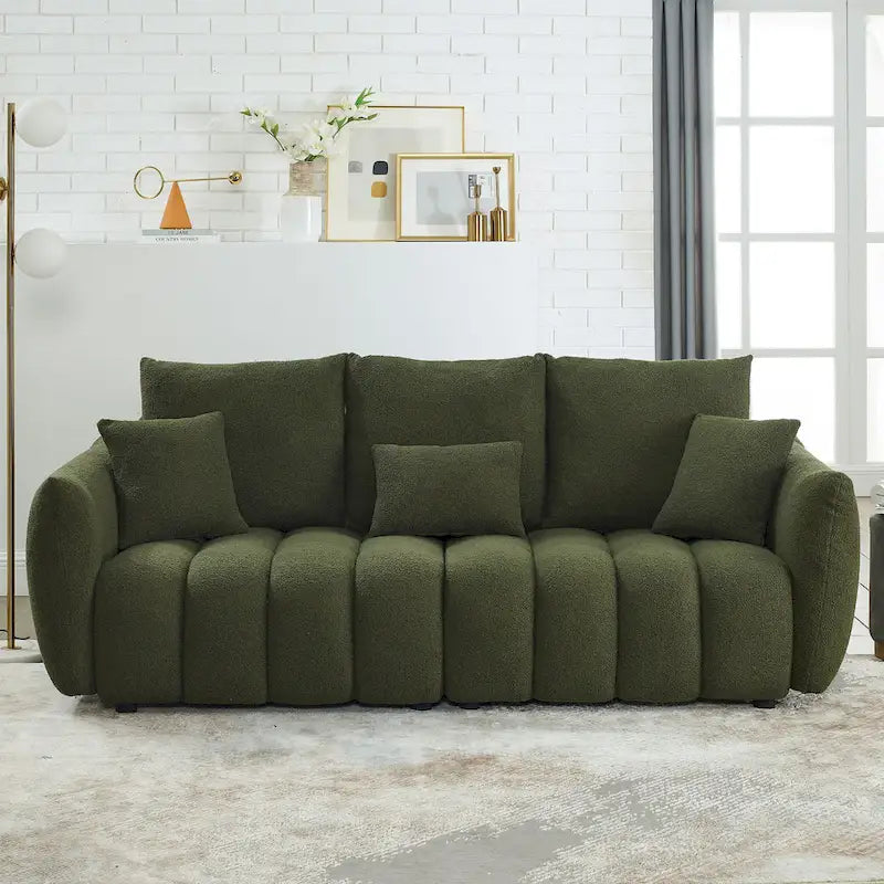 Teddy-Samtsofa für 3 Personen mit Rückenkissen und Gestell aus Massivholz