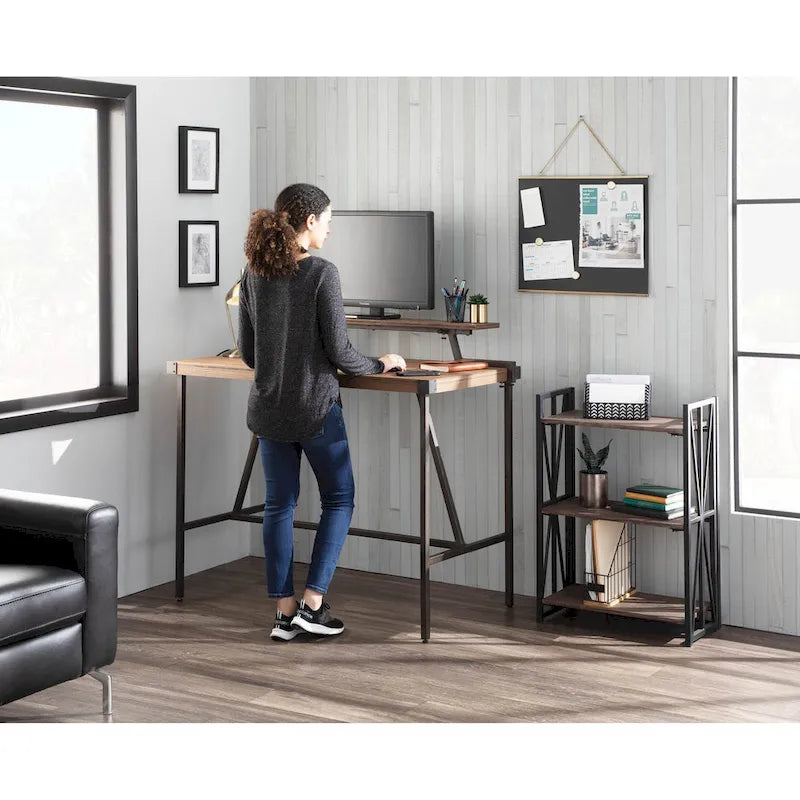 Industrial Counter-Height Desk with Removable Shelf and Bamboo Top