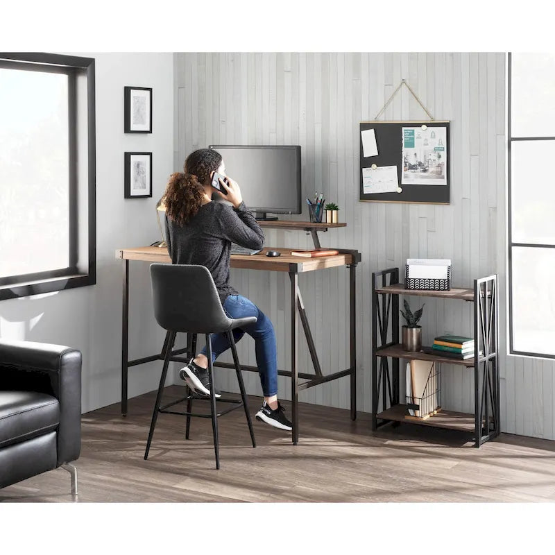 Industrial Counter-Height Desk with Removable Shelf and Bamboo Top