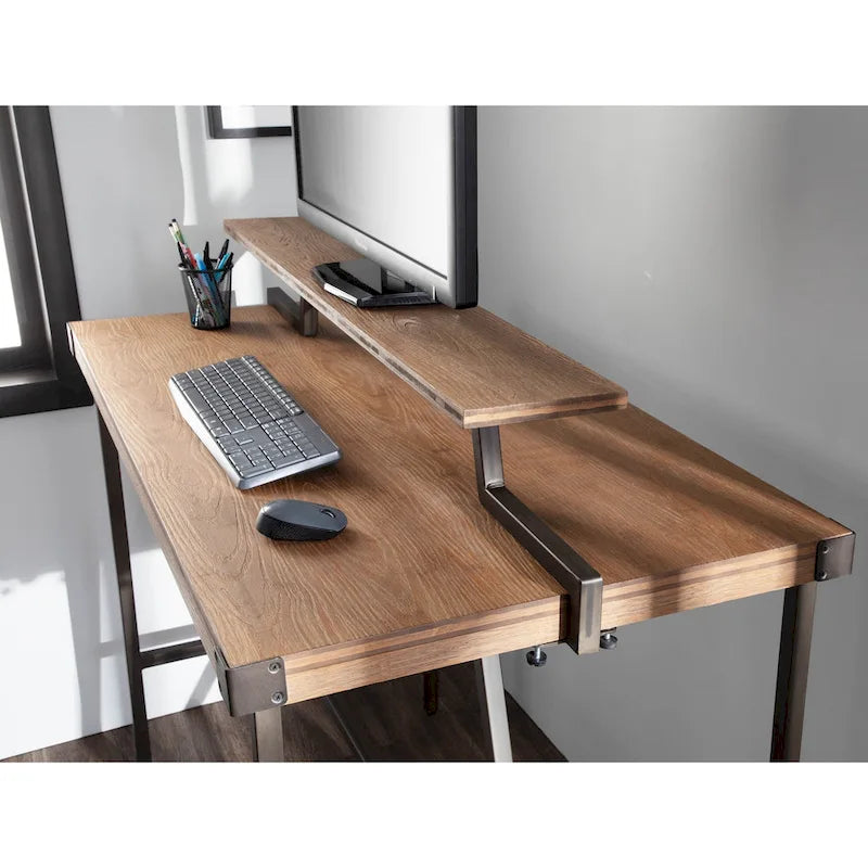 Industrial Counter-Height Desk with Removable Shelf and Bamboo Top