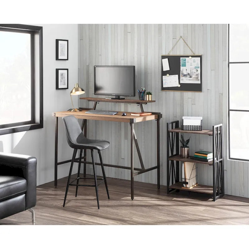 Industrial Counter-Height Desk with Removable Shelf and Bamboo Top