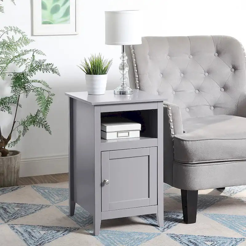 Storage Cabinet End Table with Open Shelf and Cabinet Door