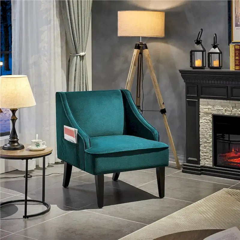 Mid-Century Modern Velvet Accent Chair with Storage Pocket