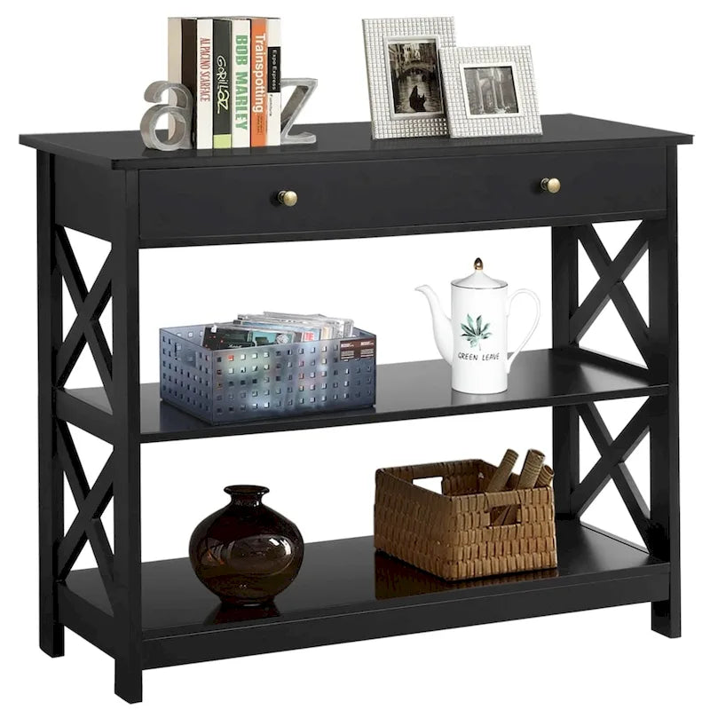 X-Frame Console Table with Drawer and 2 Open Shelves