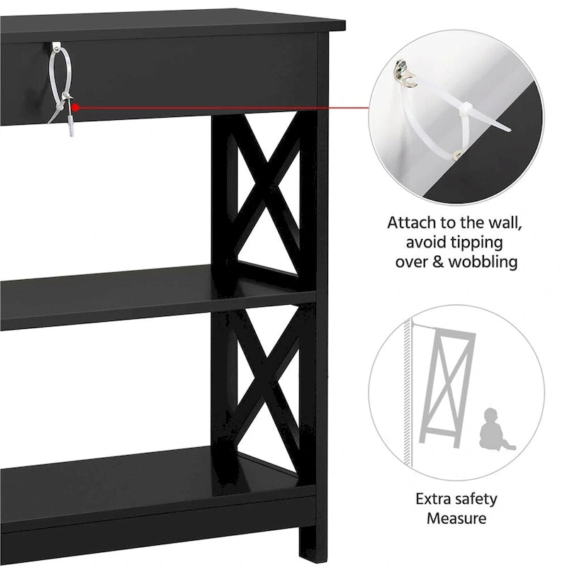 X-Frame Console Table with Drawer and 2 Open Shelves