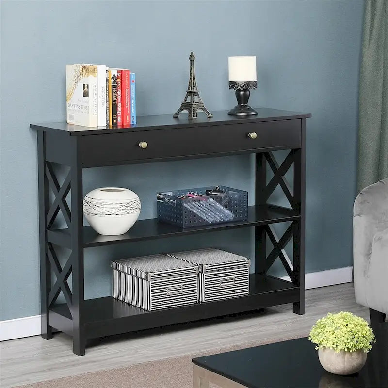 X-Frame Console Table with Drawer and 2 Open Shelves