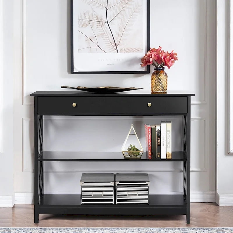 X-Frame Console Table with Drawer and 2 Open Shelves