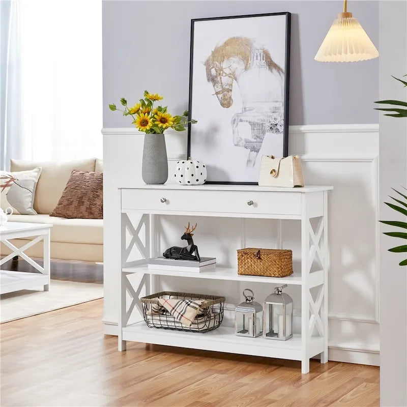 X-Frame Console Table with Drawer and 2 Open Shelves