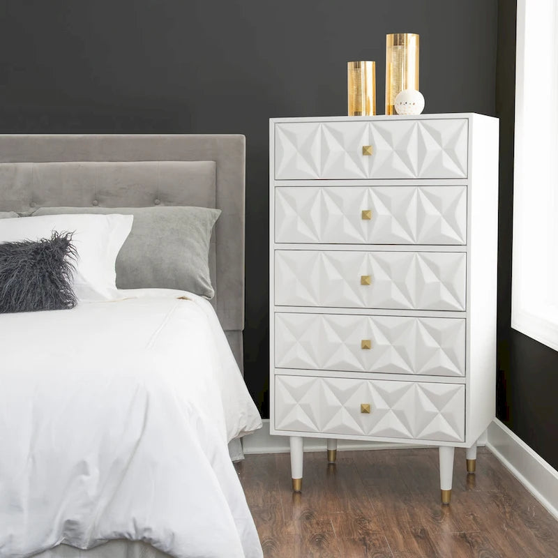 5-Drawer Geometric Tall Dresser with Gold Hardware