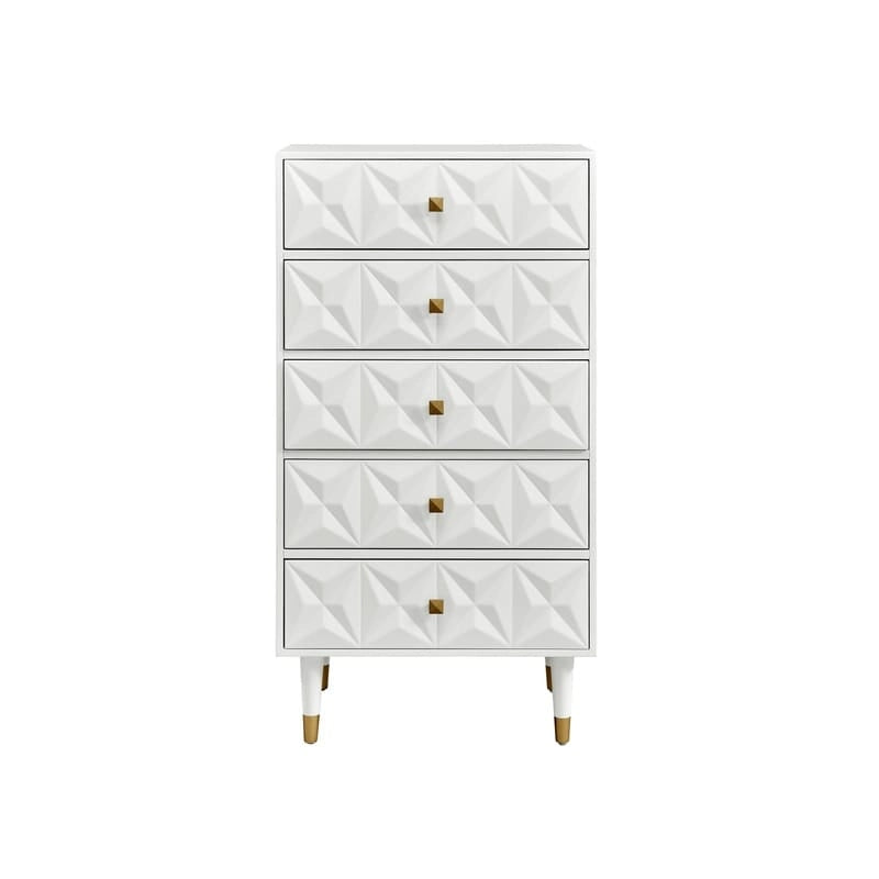 Hohe Kommode mit 5 Schubladen, geometrischem Design und goldfarbenen Beschlägen