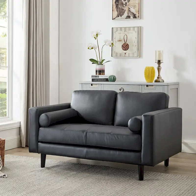 Loveseat aus echtem Leder im Mid-Century-Stil mit Nierenkissen
