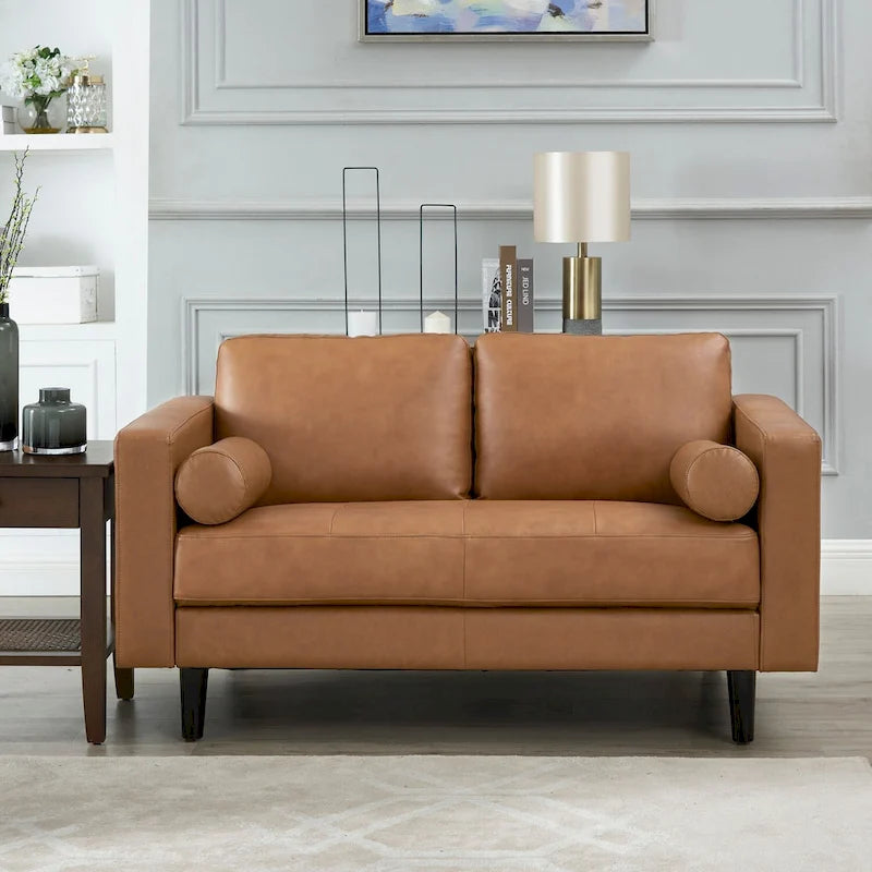 Loveseat aus echtem Leder im Mid-Century-Stil mit Nierenkissen