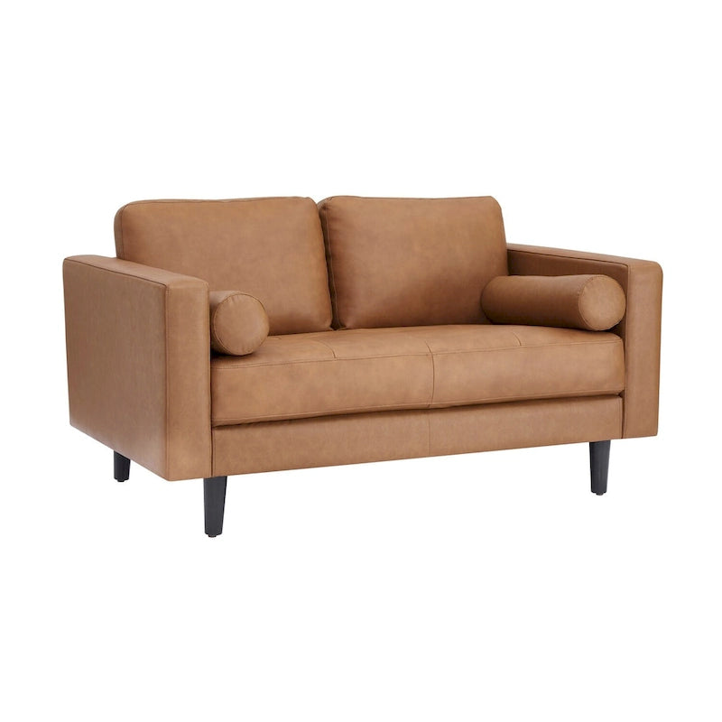 Genuine Leather Mid-Century Loveseat with Bolster Pillows
