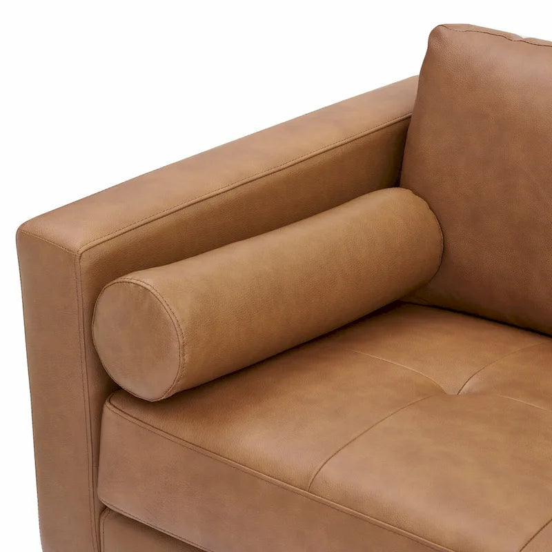 Genuine Leather Mid-Century Loveseat with Bolster Pillows