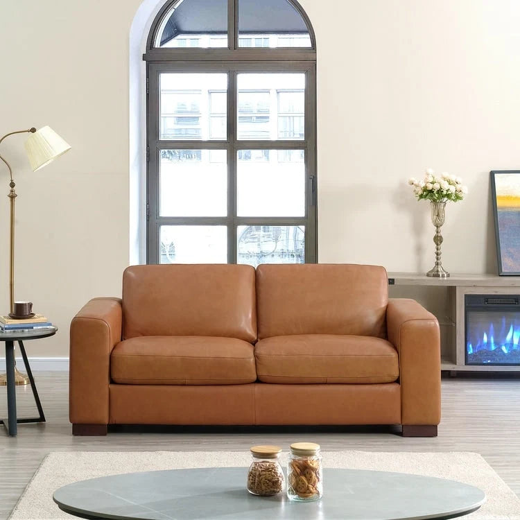 Genuine Leather Mid-Century Loveseat with Bolster Pillows