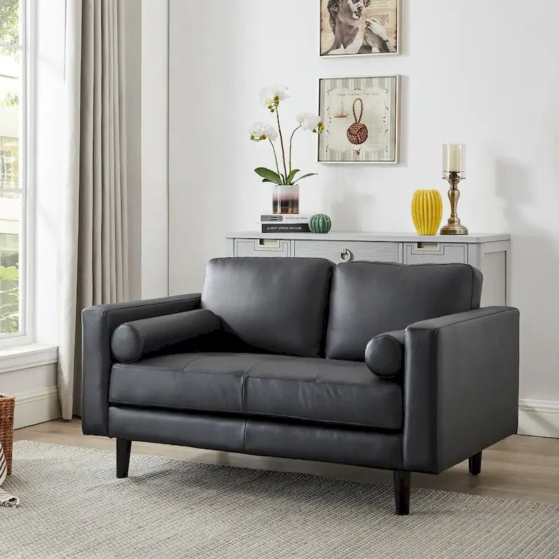 Genuine Leather Mid-Century Loveseat with Bolster Pillows