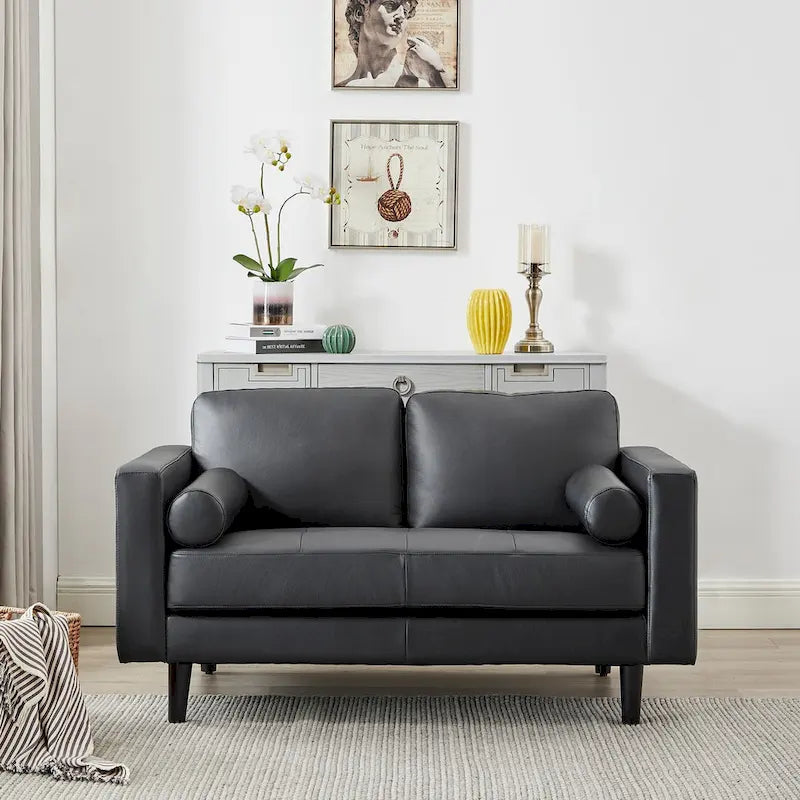 Genuine Leather Mid-Century Loveseat with Bolster Pillows