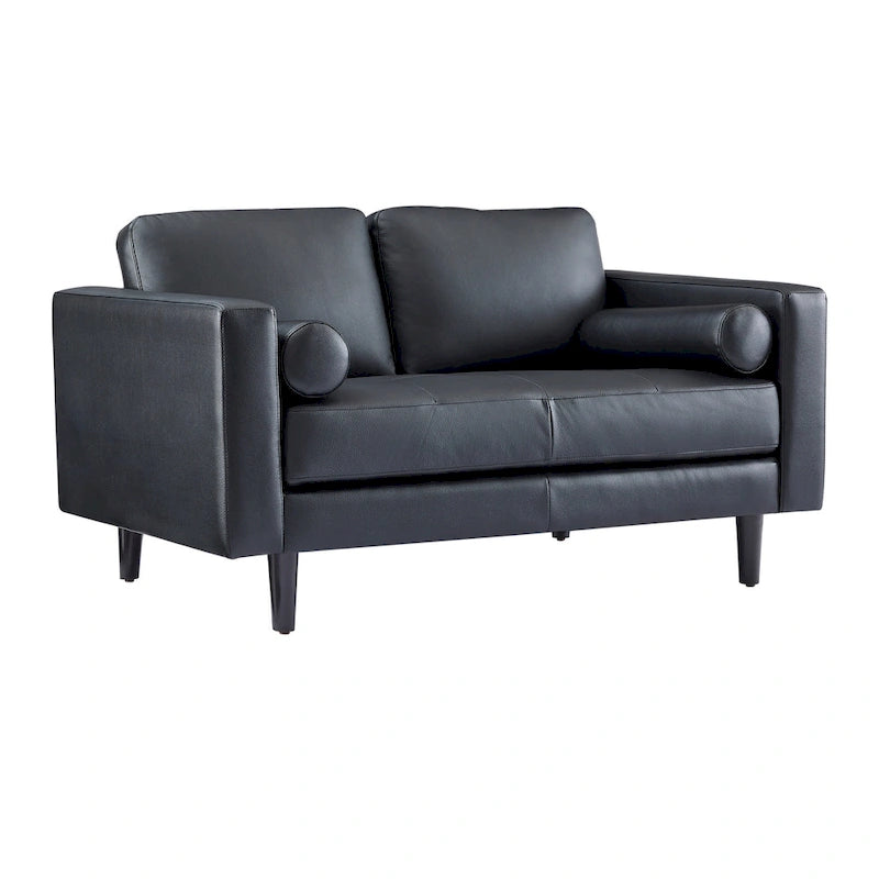 Genuine Leather Mid-Century Loveseat with Bolster Pillows