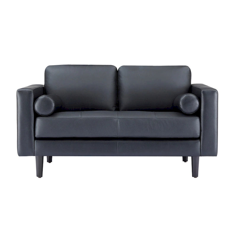Genuine Leather Mid-Century Loveseat with Bolster Pillows