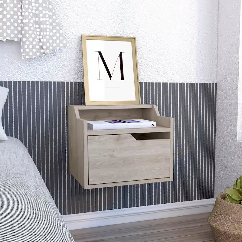 Comodino sospeso da parete con cassetto e due ripiani