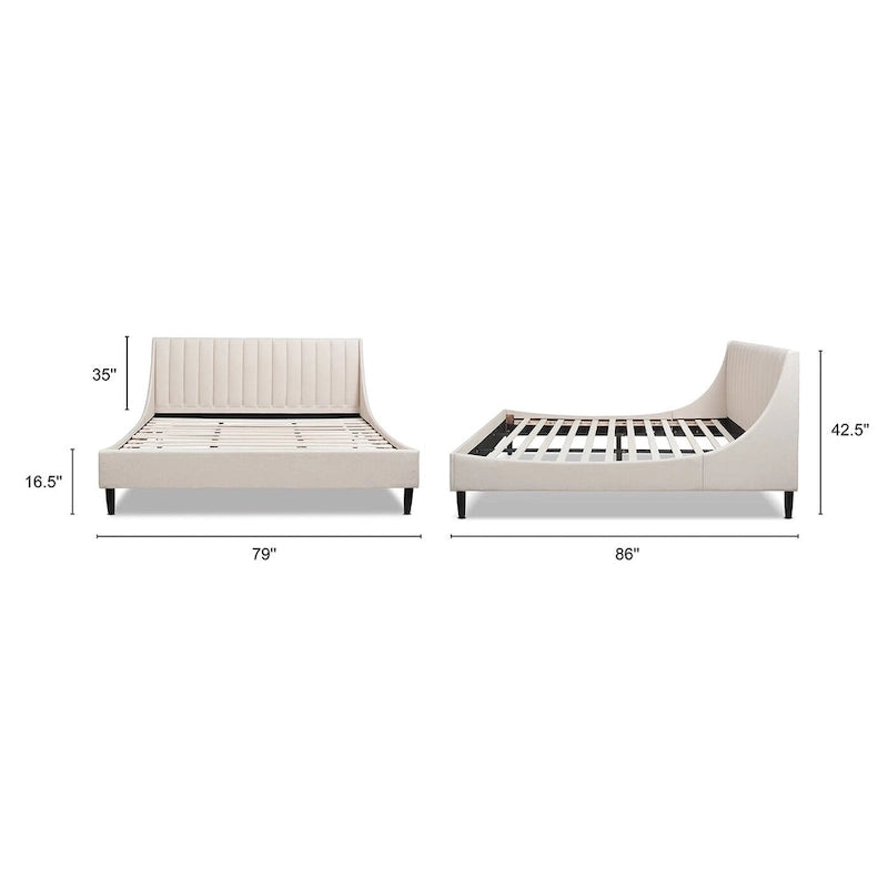 Letto a piattaforma basso con testiera in lino trapuntata verticalmente