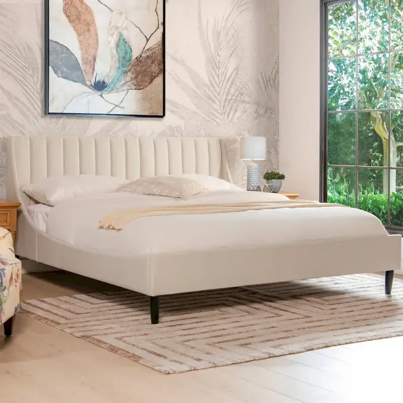 Low-Profile Platform Bed with Vertical Tufted Linen Headboard