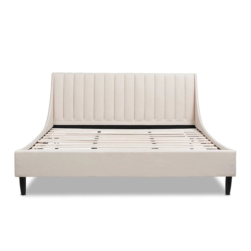 Low-Profile Platform Bed with Vertical Tufted Linen Headboard