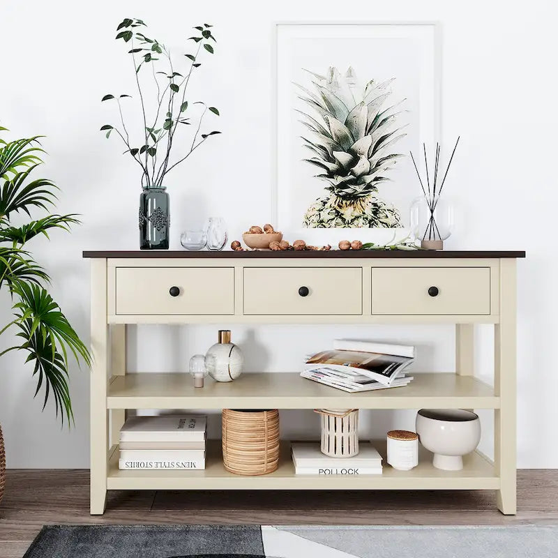 Mid-Century Console Table with 3 Drawers and Open Shelves