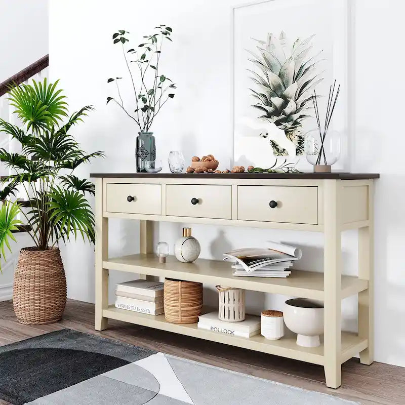 Mid-Century Console Table with 3 Drawers and Open Shelves