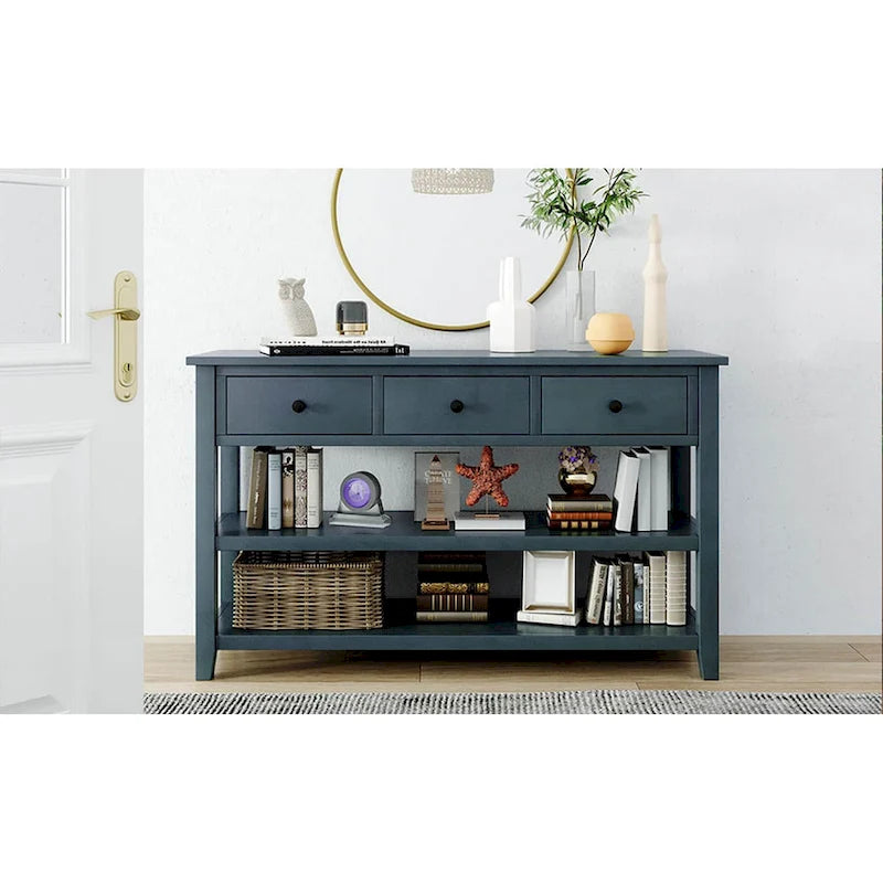 Mid-Century Console Table with 3 Drawers and Open Shelves