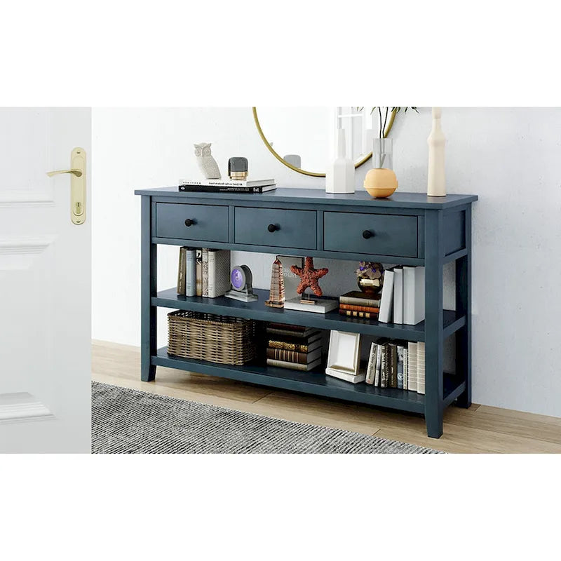 Mid-Century Console Table with 3 Drawers and Open Shelves