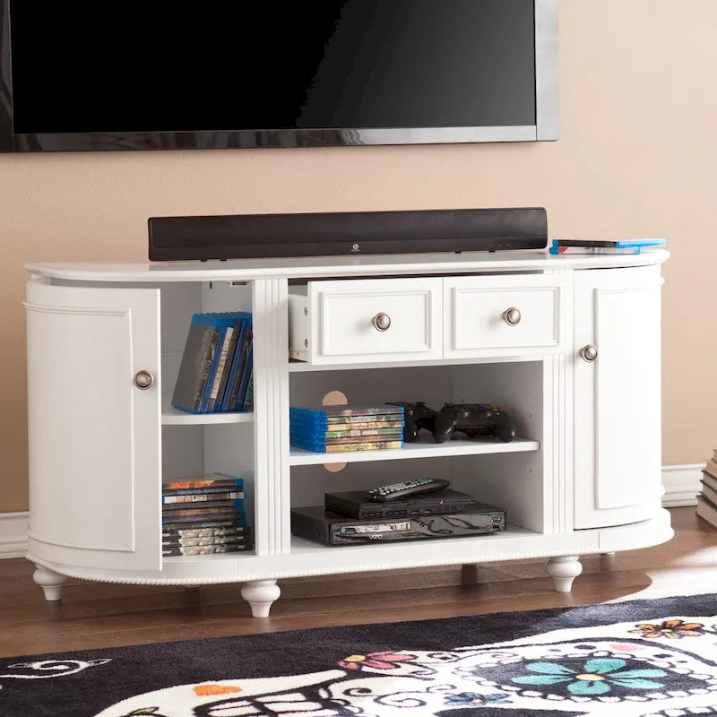 White TV Stand with Curved Cabinet Doors, Drawer and Open Media Shelves