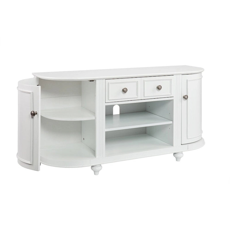 White TV Stand with Curved Cabinet Doors, Drawer and Open Media Shelves