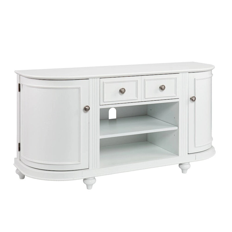 White TV Stand with Curved Cabinet Doors, Drawer and Open Media Shelves