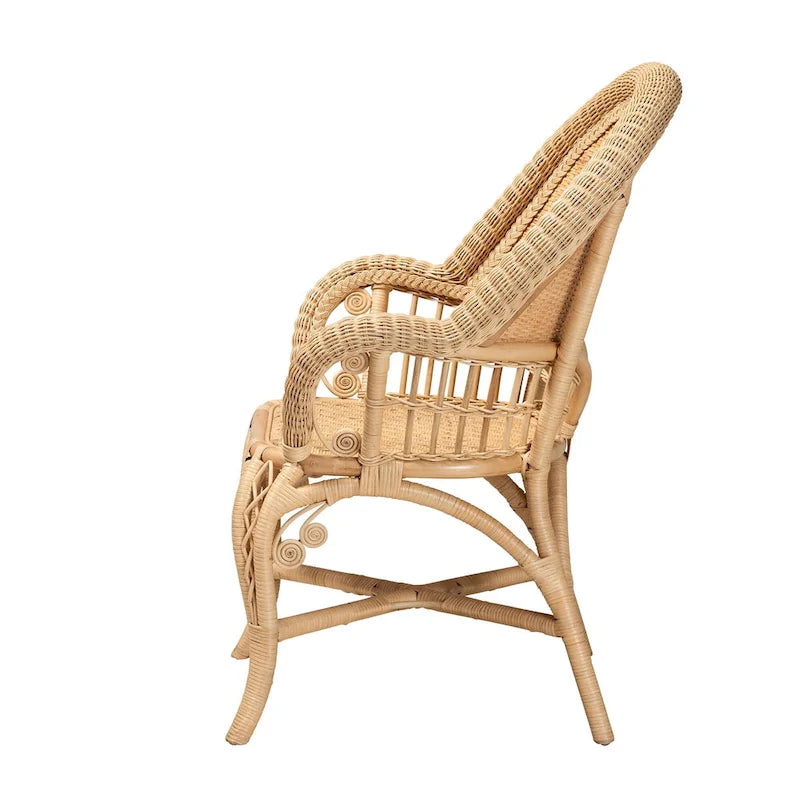 Akzentstuhl aus natürlichem Rattan – runde Rückenlehne im Boho-Stil