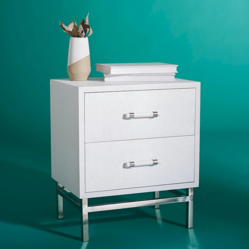 Comodino Art Déco in similpelle shagreen con 2 cassetti e gambe argentate