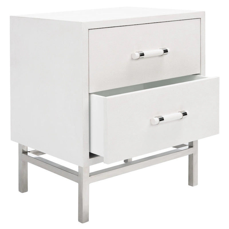 Art Deco Faux Shagreen 2-Drawer Nightstand with Silver Legs