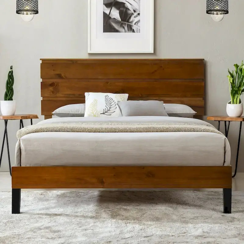 Mid-Century Modern Queen Platform Bed Frame with Three-Panel Solid Wood Headboard