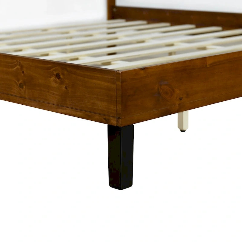 Mid-Century Modern Queen Platform Bed Frame with Three-Panel Solid Wood Headboard