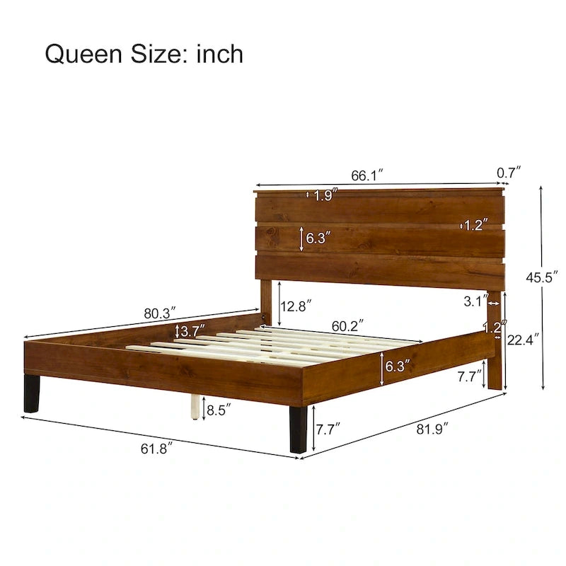 Mid-Century Modern Queen Platform Bed Frame with Three-Panel Solid Wood Headboard
