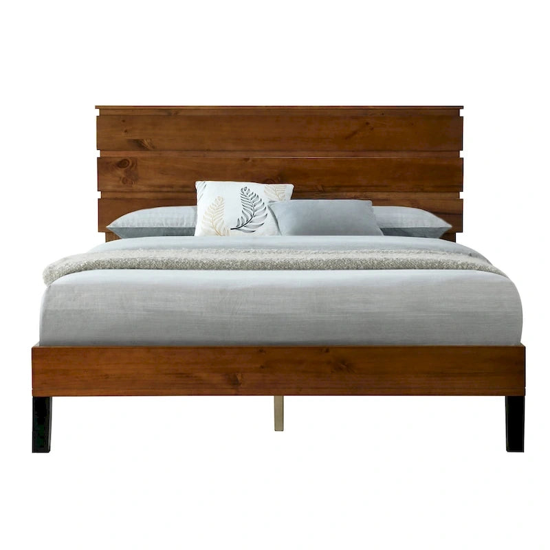 Mid-Century Modern Queen Platform Bed Frame with Three-Panel Solid Wood Headboard