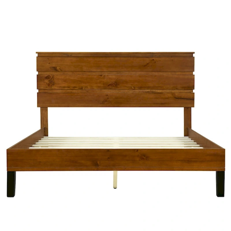 Mid-Century Modern Queen Platform Bed Frame with Three-Panel Solid Wood Headboard