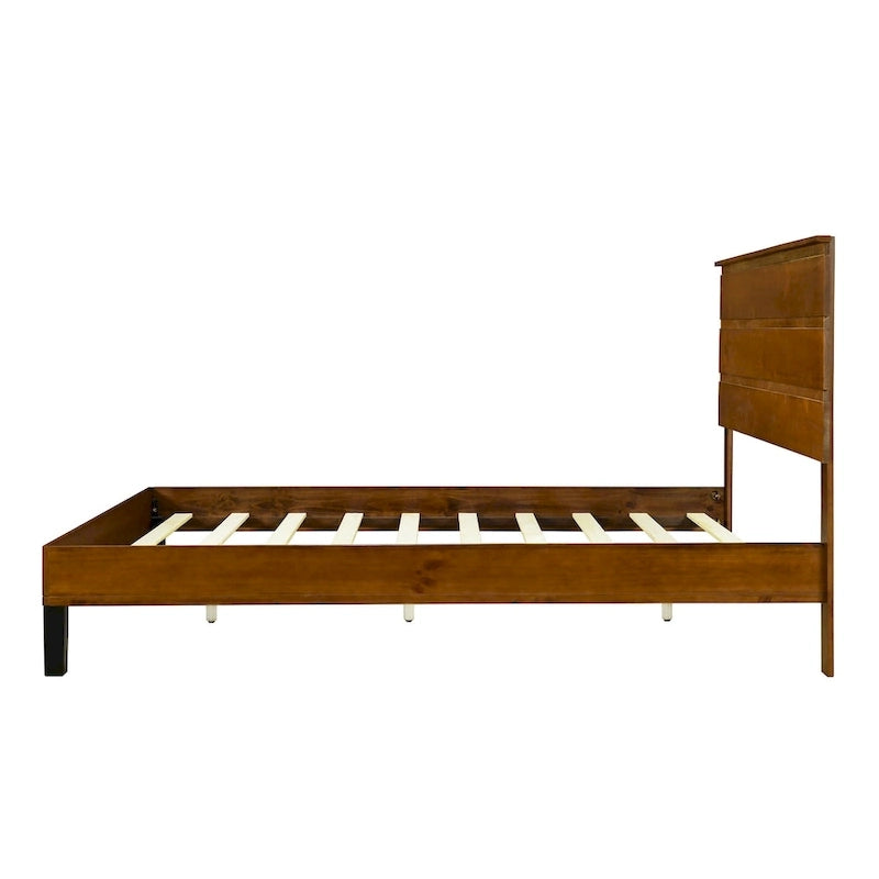Mid-Century Modern Queen Platform Bed Frame with Three-Panel Solid Wood Headboard