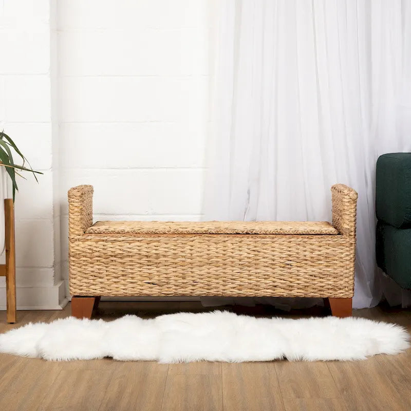 Große geflochtene Rattan-Aufbewahrungsbank mit Hockerfunktion für Schlafzimmer und Eingangsbereich