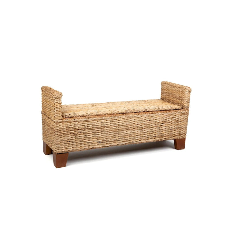 Large Woven Rattan Storage Bench Ottoman for Bedroom and Entryway