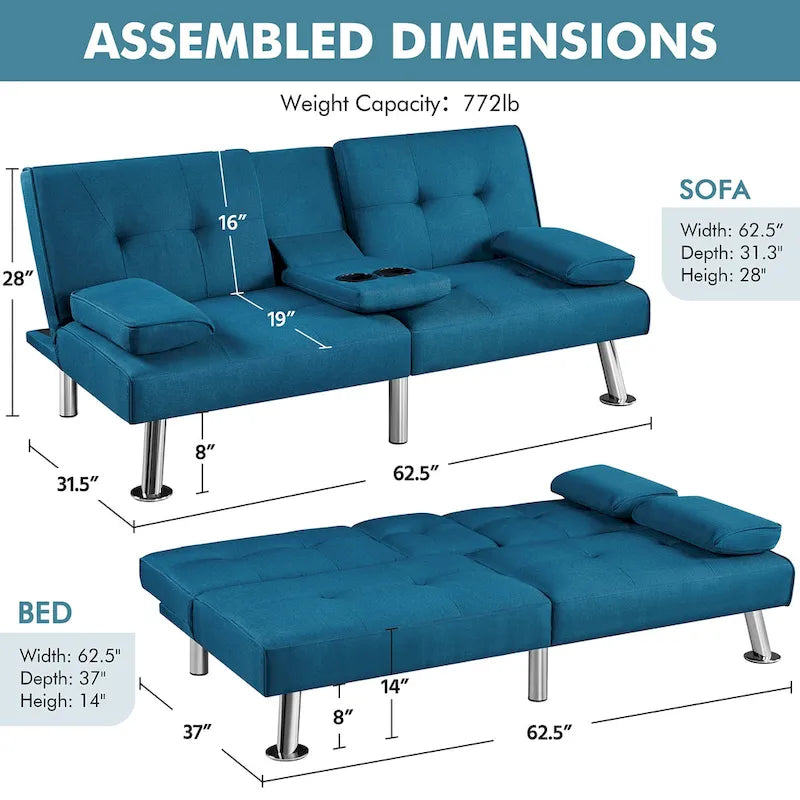 Schlafsofa-Futon mit verstellbarer Rückenlehne und Getränkehalter-Ablage
