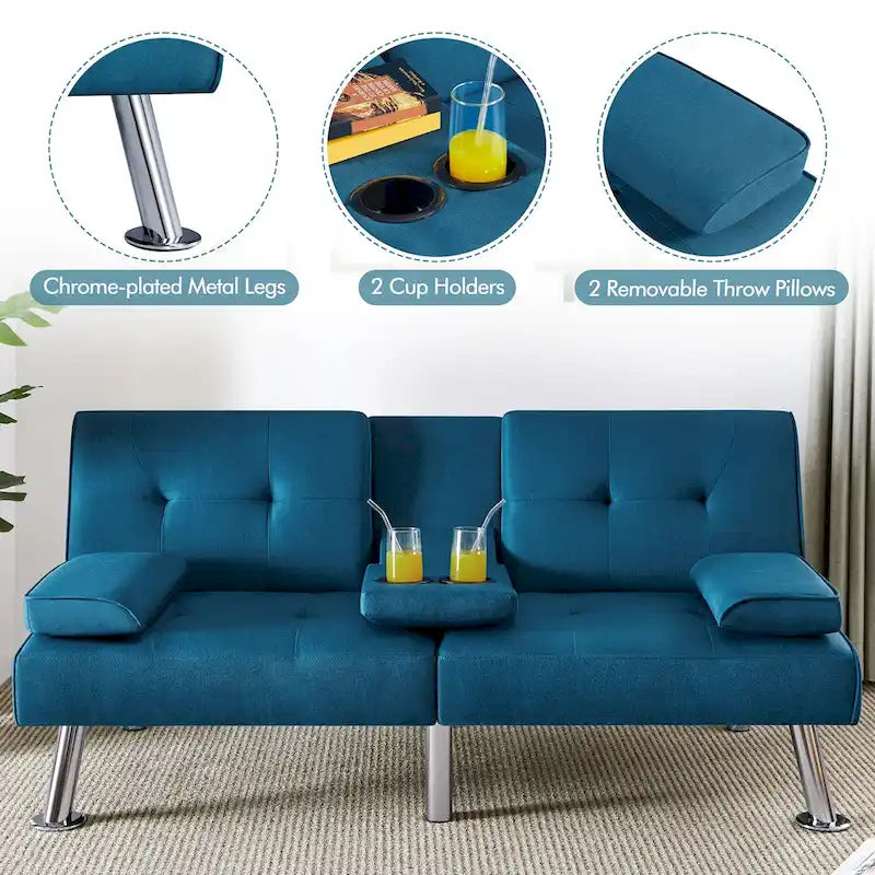 Convertible Futon Sofa Bed with Adjustable Backrest and Cup Holder Tray